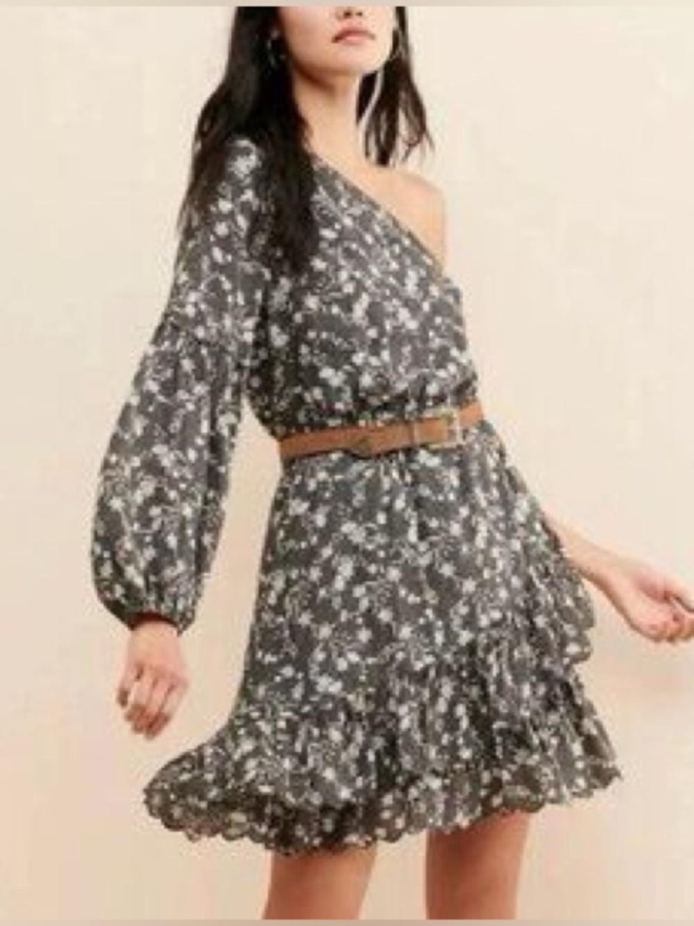 Anthropologie Dolan Floral One-Shoulder Mini Dress Small Puff Sleeve Ruffles